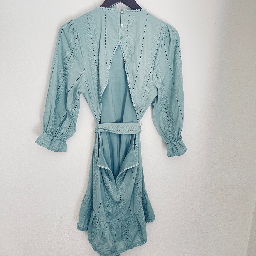 Eyelet Backless Mini Dress w/ round neckline and puff sleeves. Teal color - Picture 6 of 8
